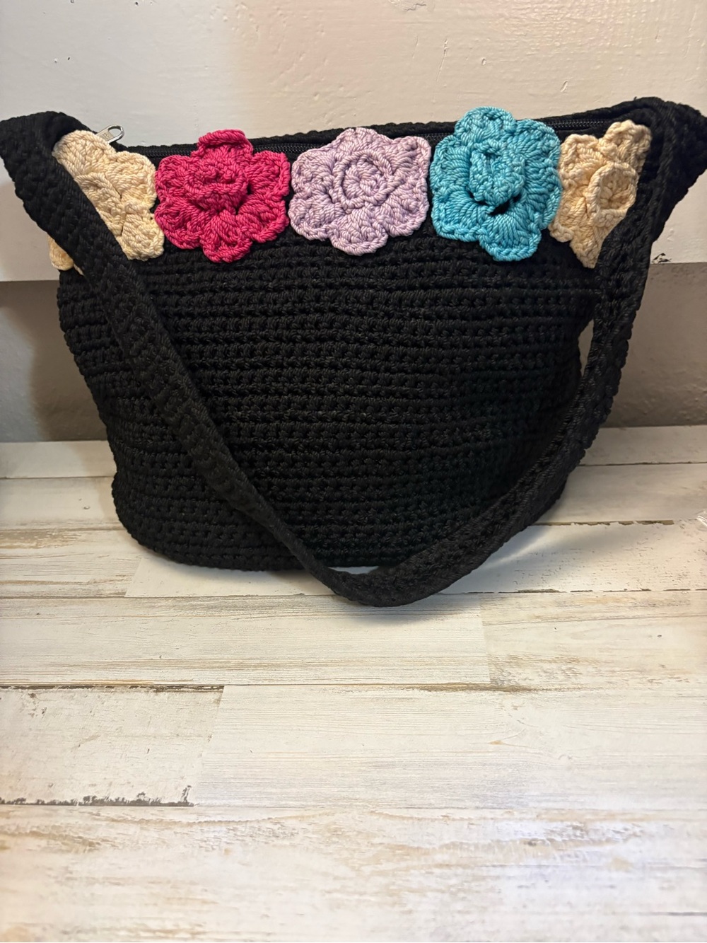 Lina Black Crochet Shoulder Bag with Pink Lavender Turquoise and Cream Flowers